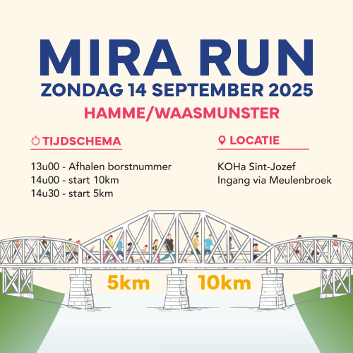 Zondag 14 september 2025 MIRA RUN tvv Voedselbank ’t Vitamientje in Hamme.  Een 5 en 10 km loop op de Schelde – en Durme dijken